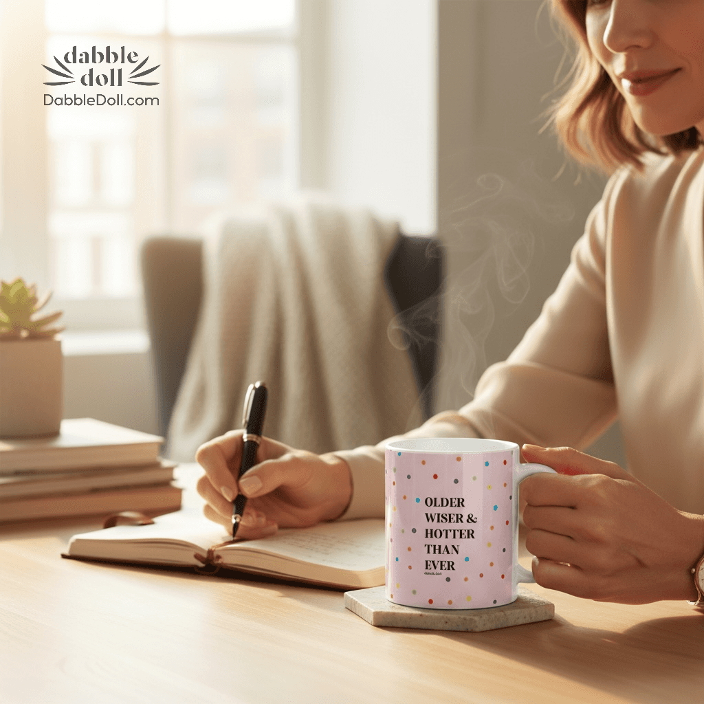 Dabble Doll gift box featuring a colorful mug that says Older, Wiser & Hotter Than Ever