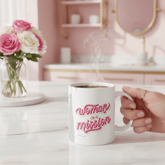 Dabble Doll Novelty mug with 'Woman on a Mission' design, perfect for coffee or tea lovers