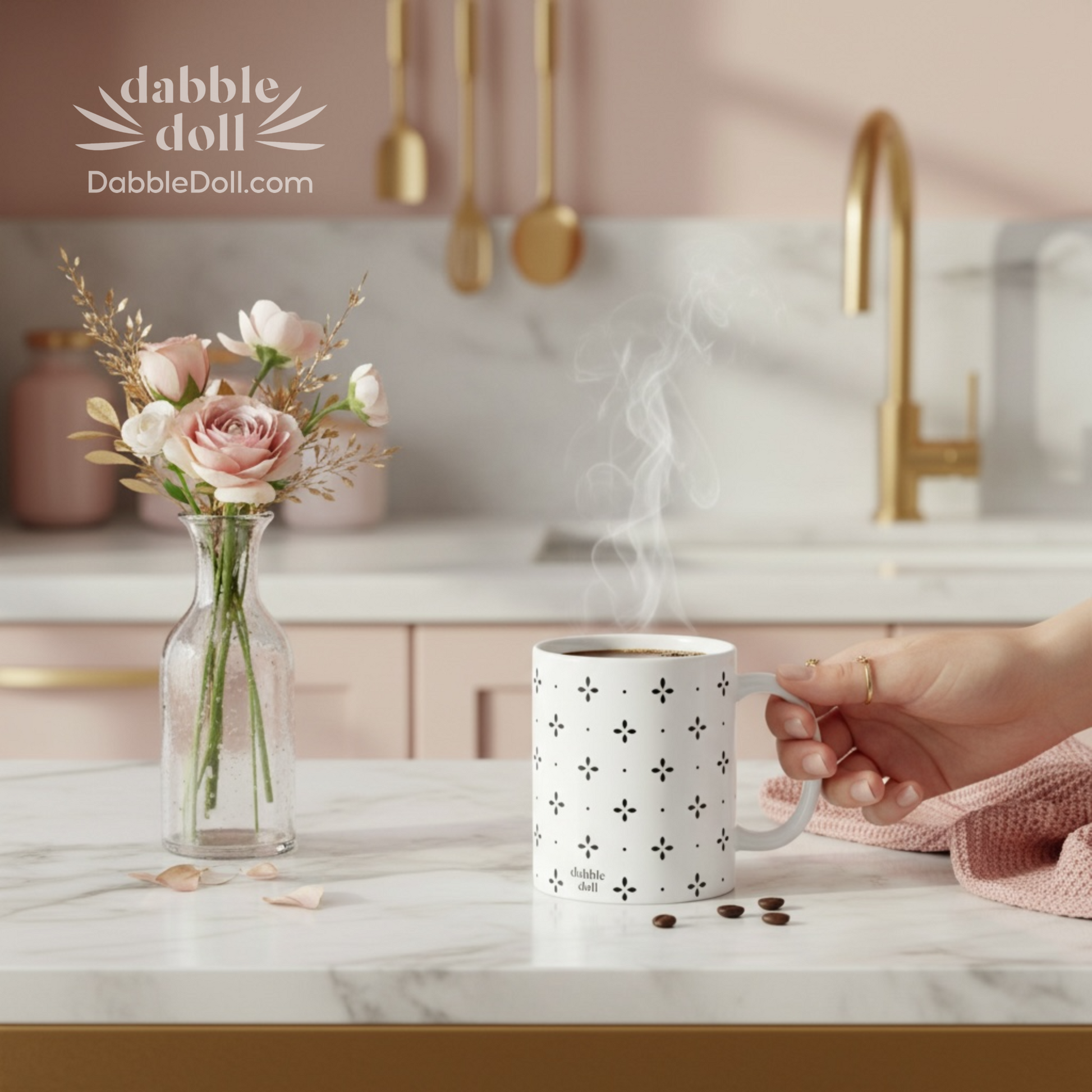Dabble Doll Gift Box featuring a patterned coffee mug and a fresh flower arrangement