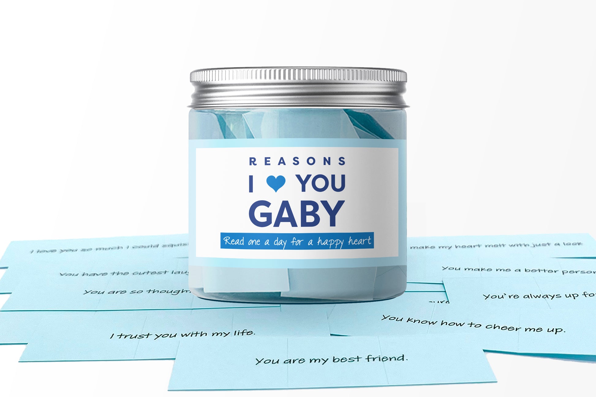 Dabble Doll gift box with personalized love note ideas featuring heartfelt messages in blue cards