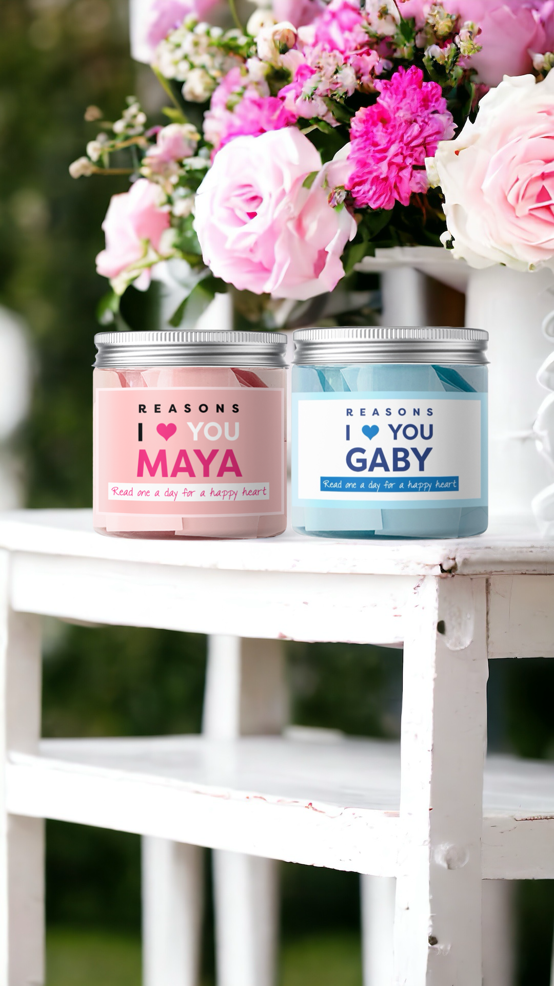 Dabble Doll gift box with personalized love note ideas featuring pink and blue jars labeled Maya and Gaby
