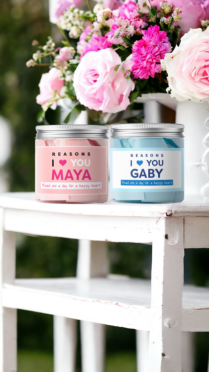 Dabble Doll gift box with personalized love note ideas featuring pink and blue jars labeled Maya and Gaby