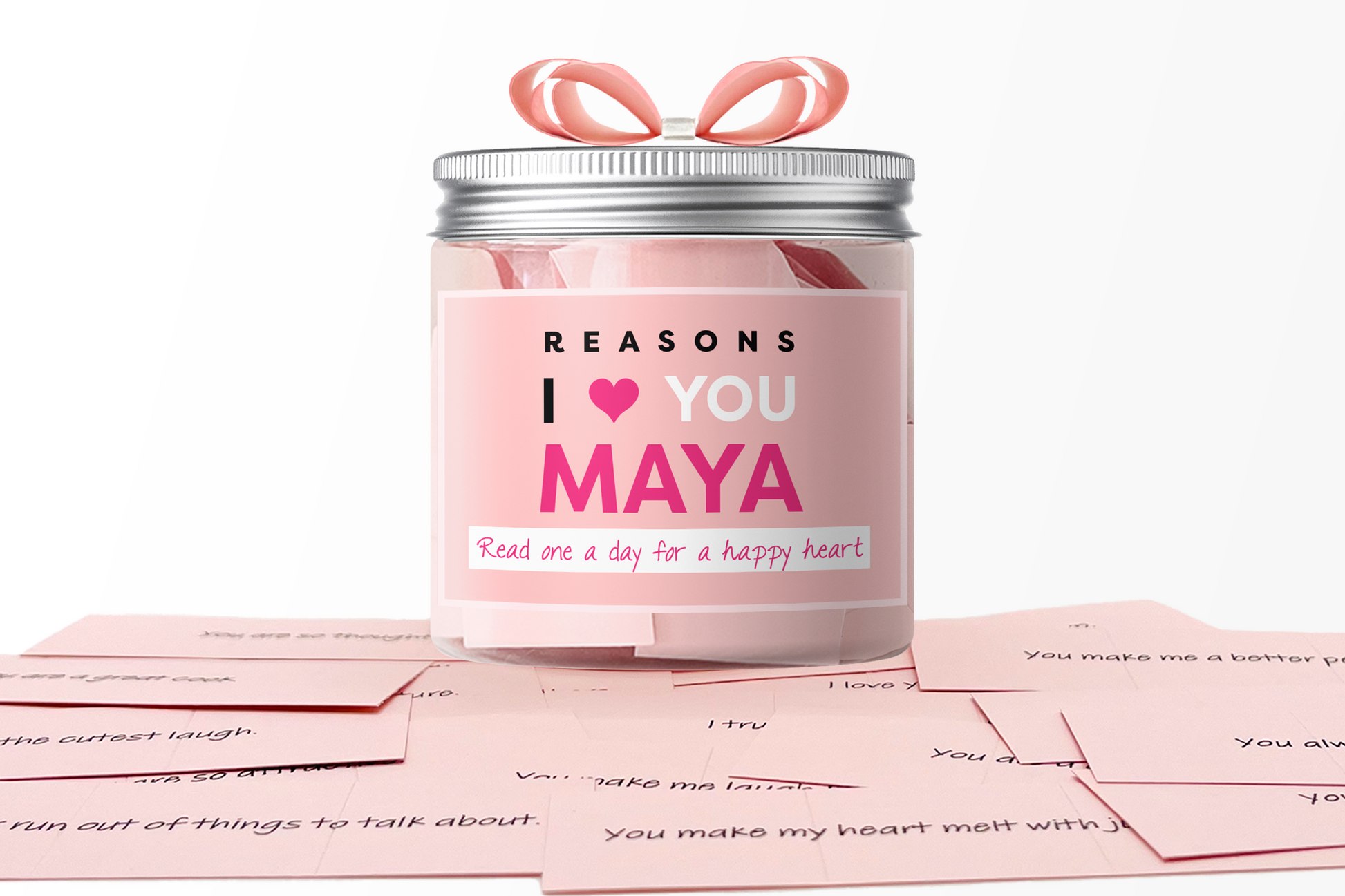 Dabble Doll gift box with personalized love note ideas featuring daily reasons to love Maya in a pink jar