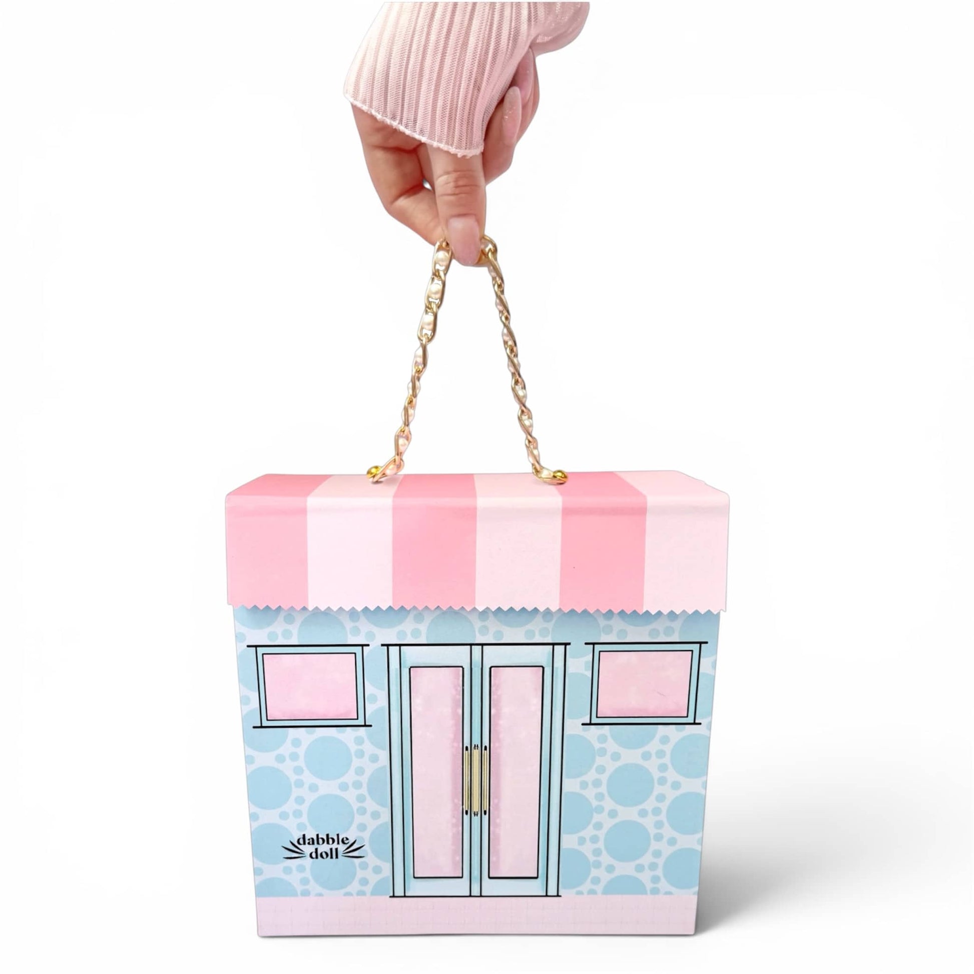Dabble Doll Charming Dollhouse Gift Box with a Pink and Blue Design and Golden Handle