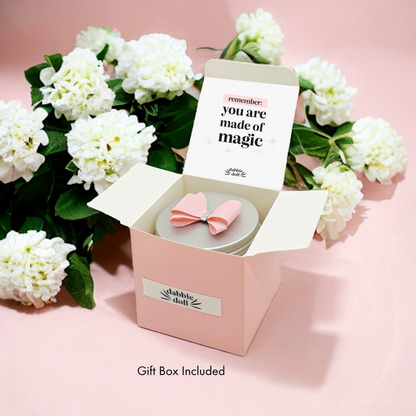 Dabble Doll Pink Gift Box for Girls with Positive Affirmations and a Cute Bow Accessory