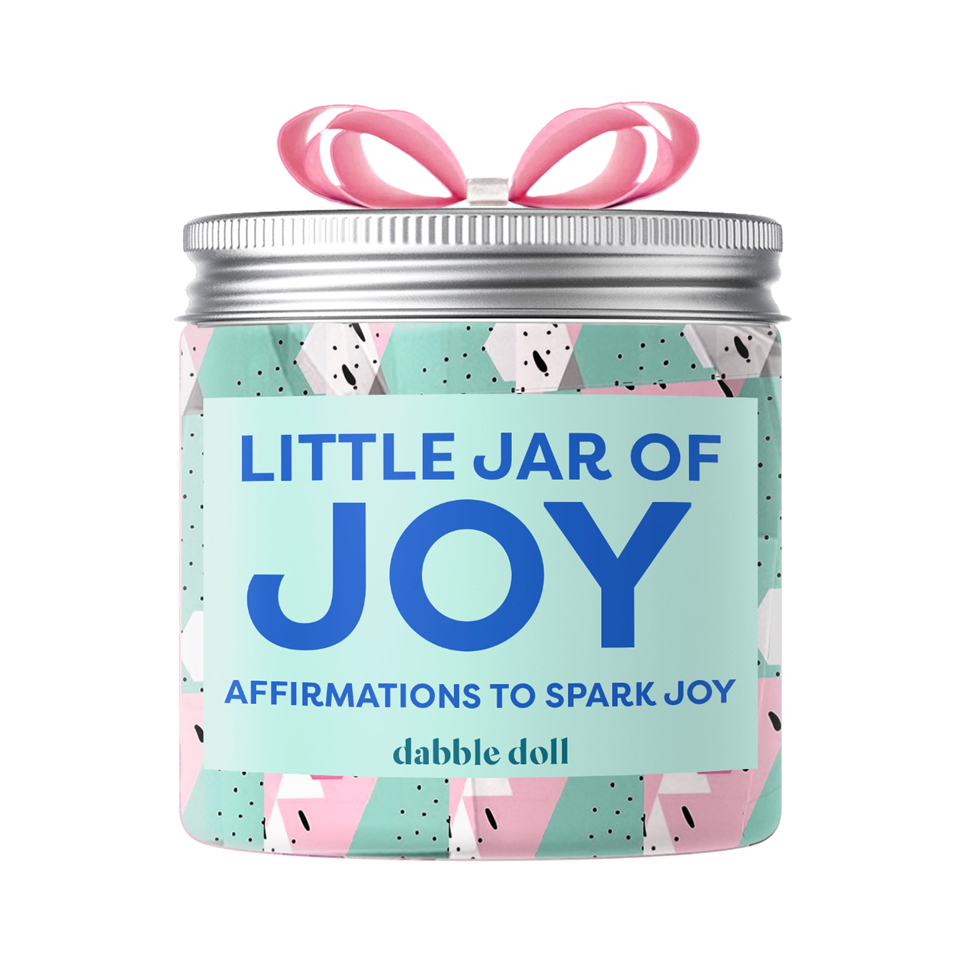 Dabble Doll Little Jar of Joy filled with positive affirmations for girls and women, featuring a colorful pastel design