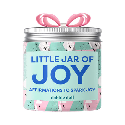 Dabble Doll Little Jar of Joy filled with positive affirmations for girls and women, featuring a colorful pastel design