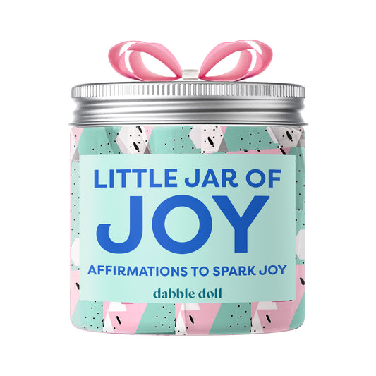 Dabble Doll Little Jar of Joy filled with positive affirmations for girls and women, featuring a colorful pastel design