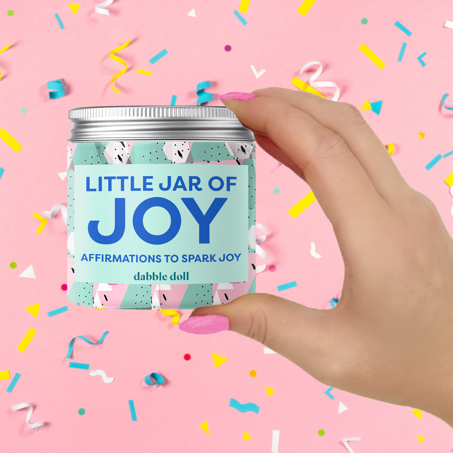 Dabble Doll Little Jar of Joy featuring positive affirmations for girls and women in a colorful design