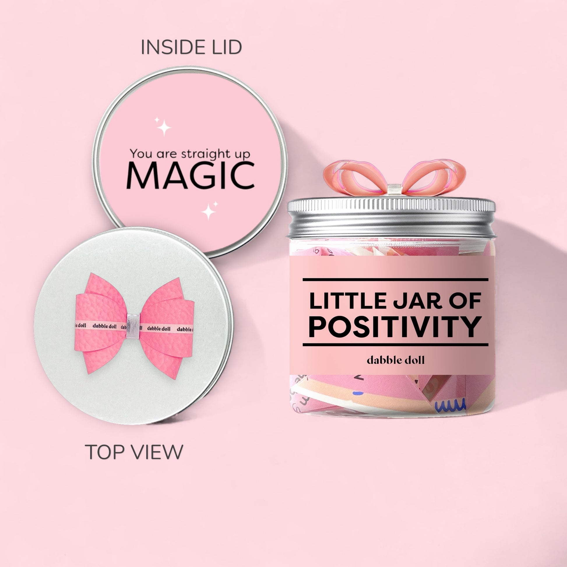 Dabble Doll little jar of positivity gift box with pink bow and positivity care package message inside lid