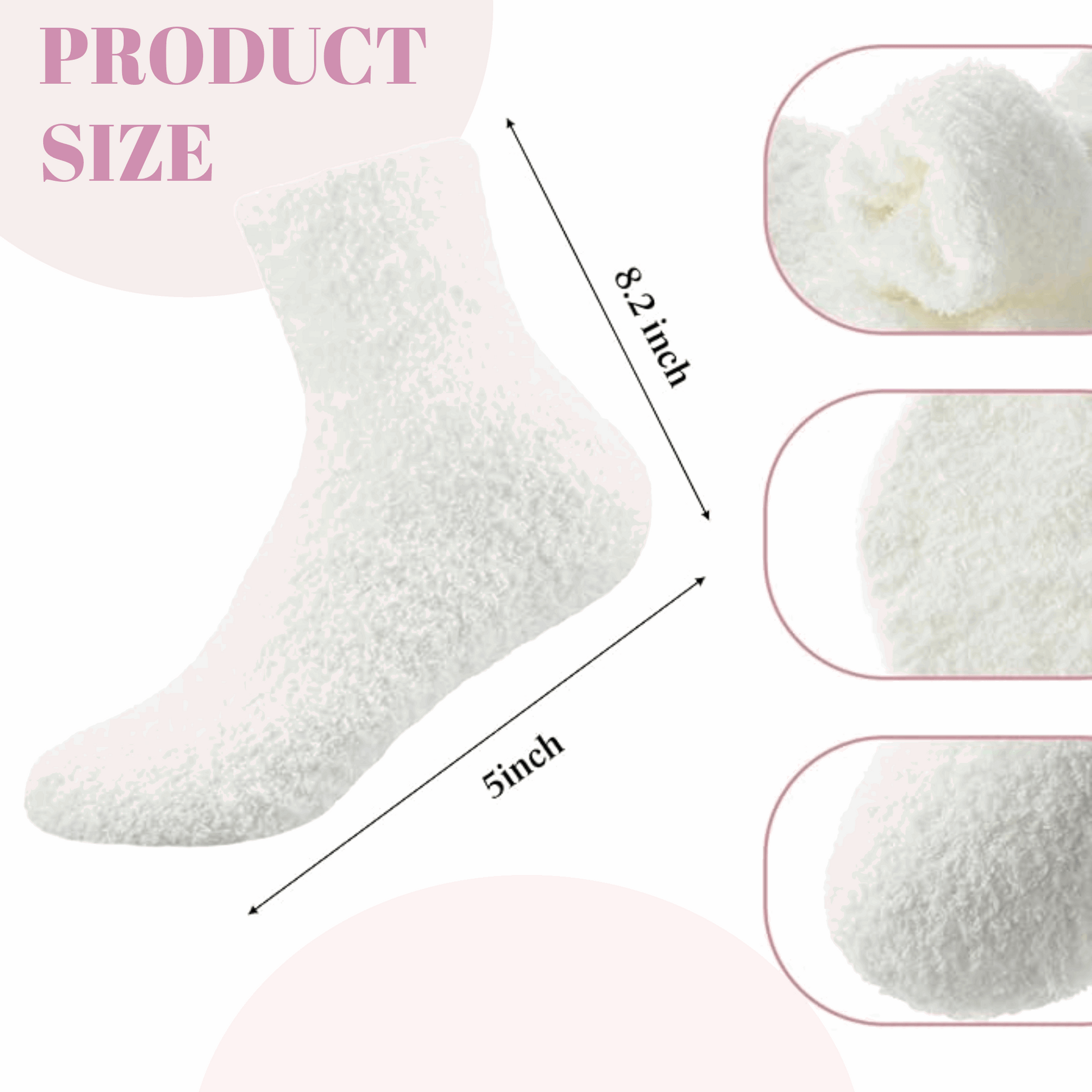 Soft white fuzzy socks measuring 8.2 by 5 inches, part of self care gift set with mug