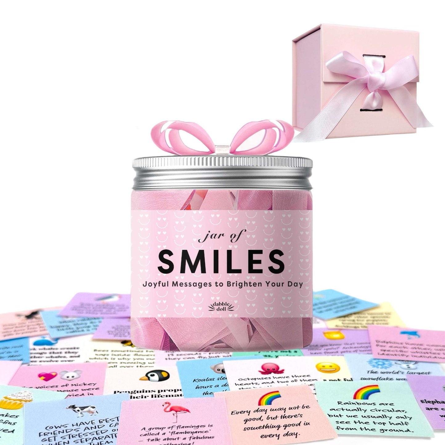 Dabble Doll smiles jar gift box with pink notes and a pink gift box with ribbon for joyful messages