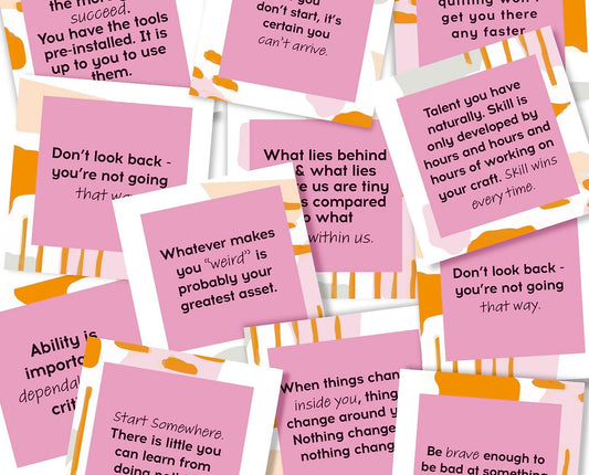 Dabble Doll Success Cards in pink and orange for girls and women, featuring motivational quotes and advice