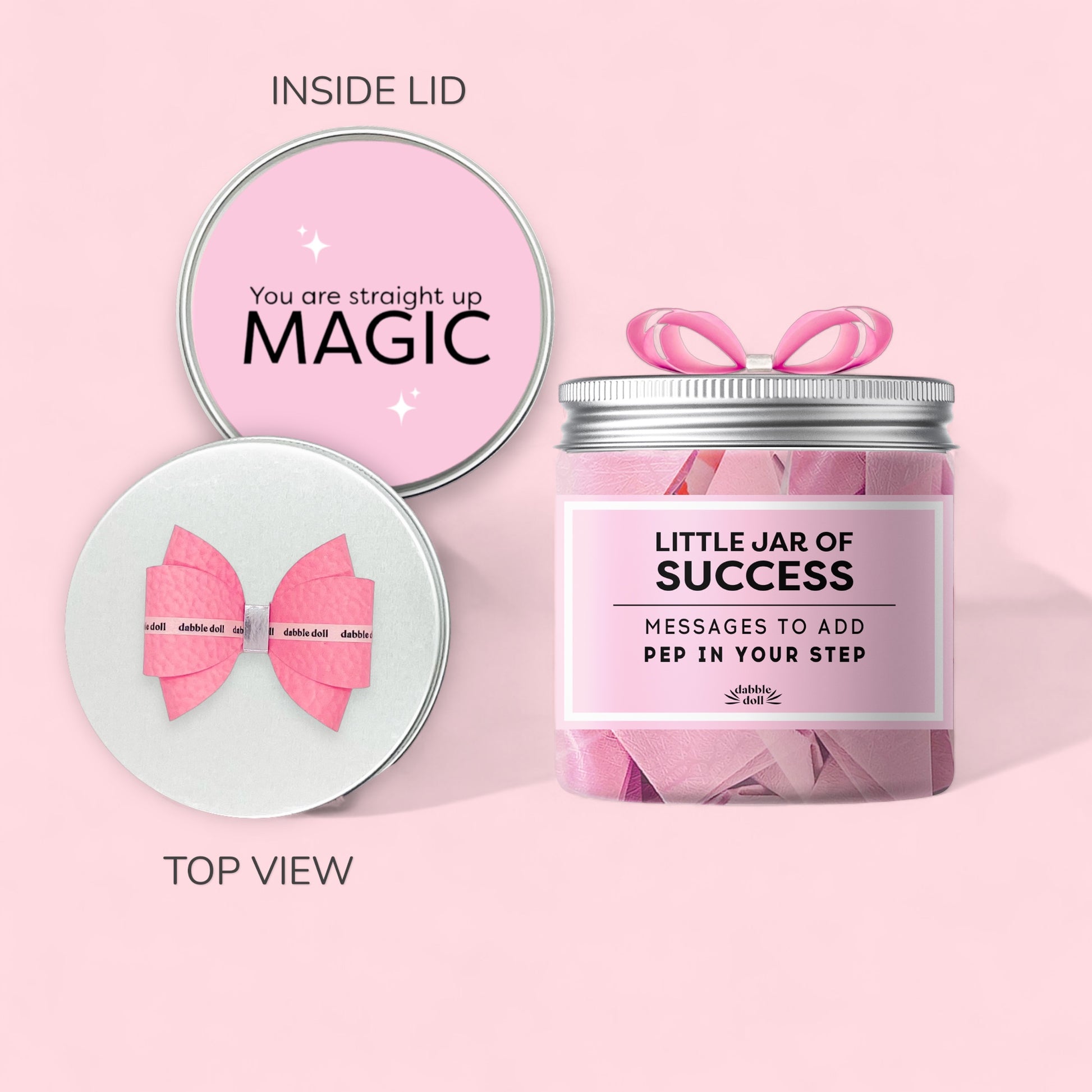 Dabble Doll success gift box for women with little jar of success and pink motivational messages
