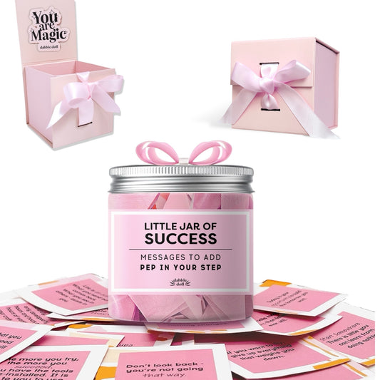 Dabble Doll pink success motivation jar gift box with inspirational message cards and ribbon bow