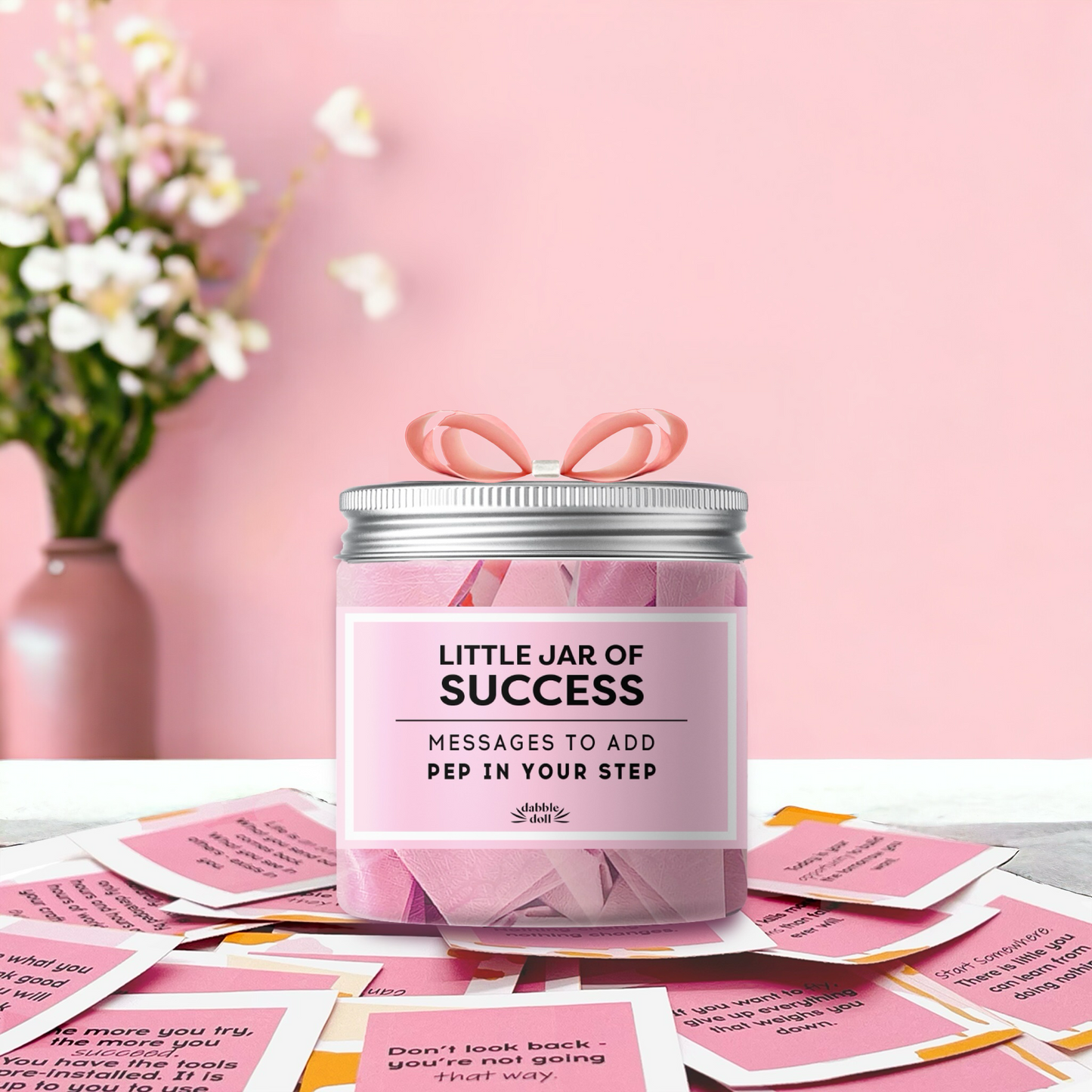 Dabble Doll success motivation jar gift box with pink motivational notes inside clear jar with silver lid