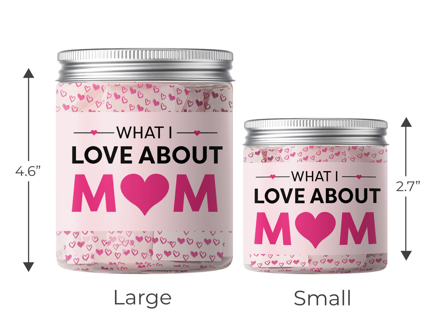 Dabble Doll what I love about mom jar in large and small sizes with pink heart design and silver lids