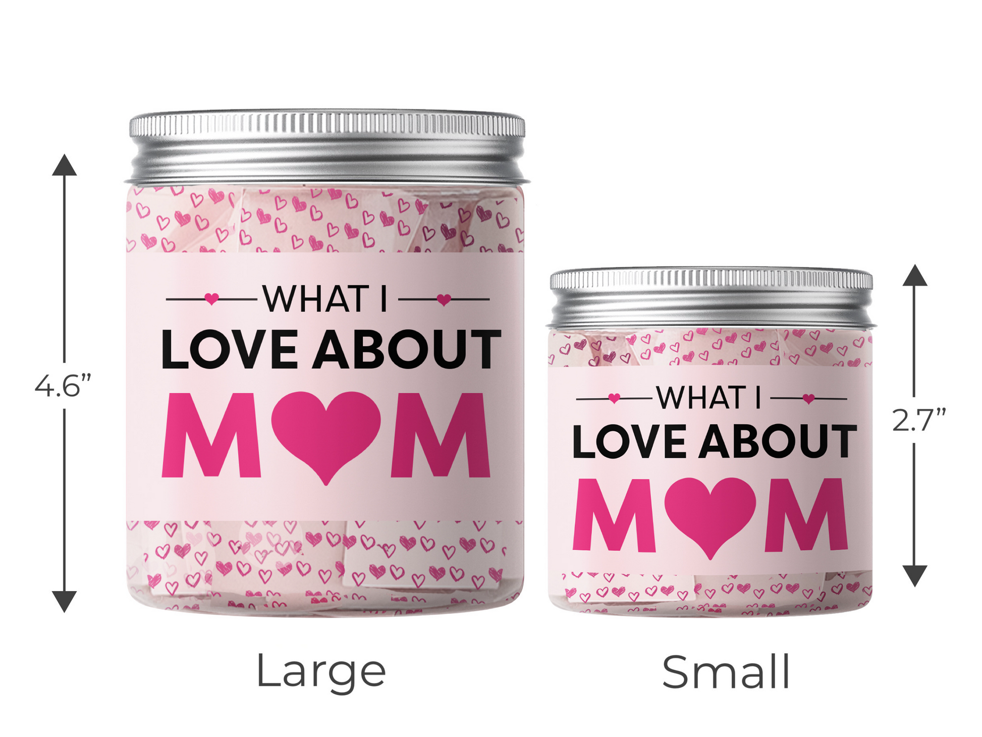 Dabble Doll what I love about mom jar in large and small sizes with pink heart design and silver lids