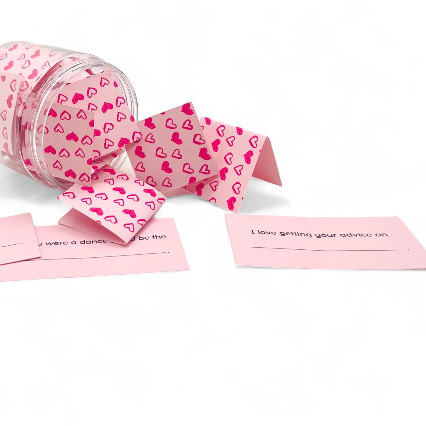 Dabble Doll what I love about mom jar with pink heart pattern cards and prompts for sharing love