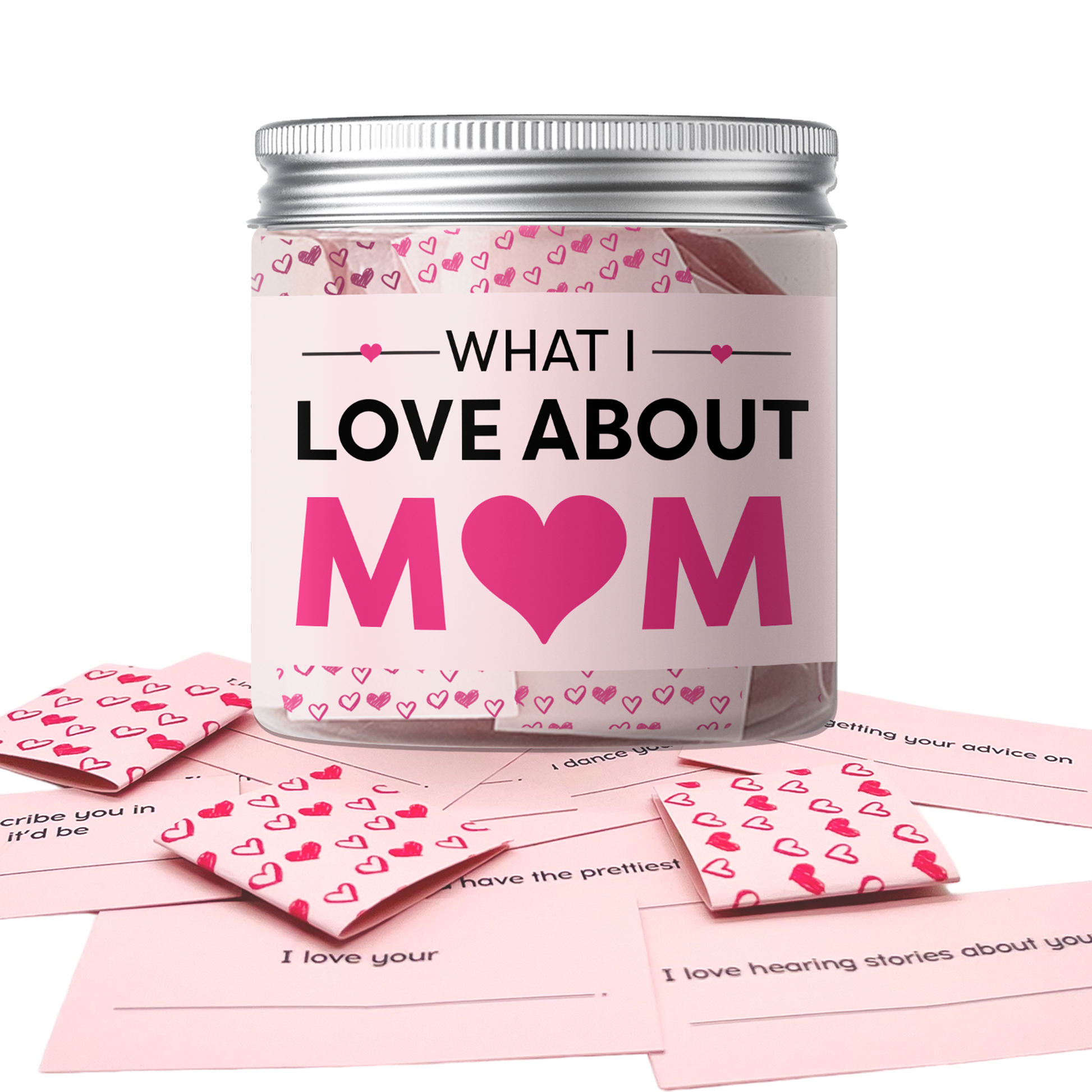 What I love about mom jar by Dabble Doll with pink heart design and love notes inside