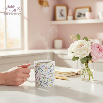 Dabble Doll wildflower gift box featuring a floral mug and fresh peonies on a stylish desk