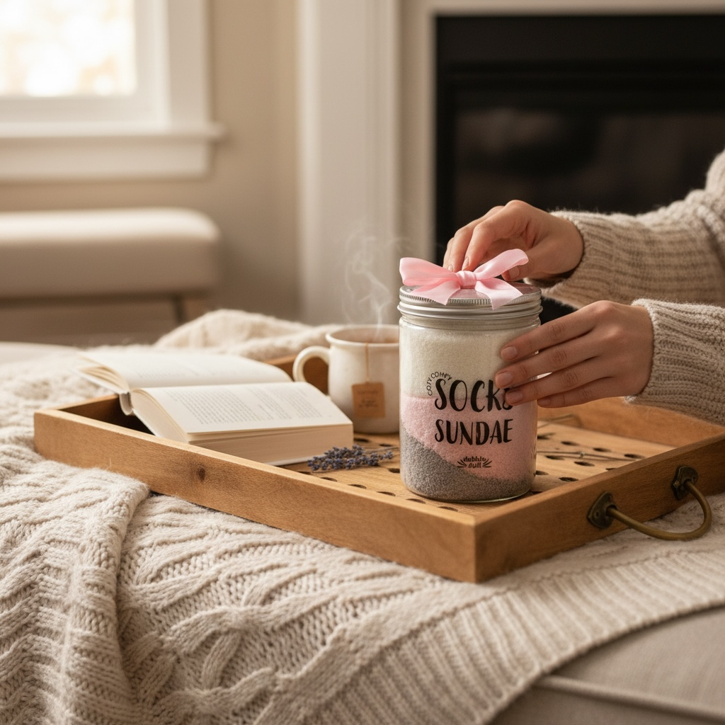 Dabble Doll cozy socks displayed with a candle and a book on a cozy living room tray