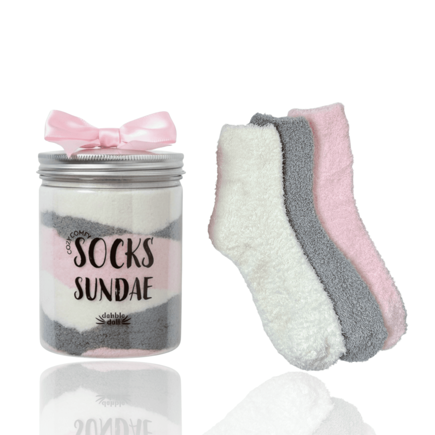 Dabble Doll Cozy Socks gift set with three pairs in soft colors, presented in a sundae jar