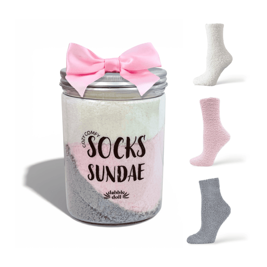 Dabble Doll Cozy Socks Sundae Gift Set with Pink, White, and Gray Fuzzy Socks in Jar
