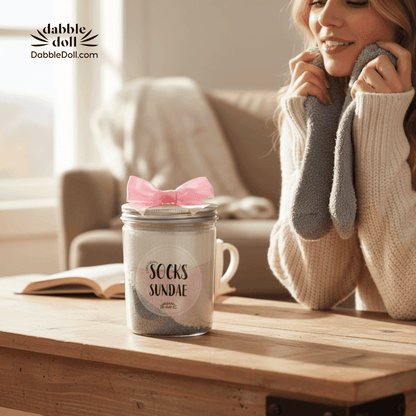 Cozy socks gift set in a jar with a pink bow for relaxing at home