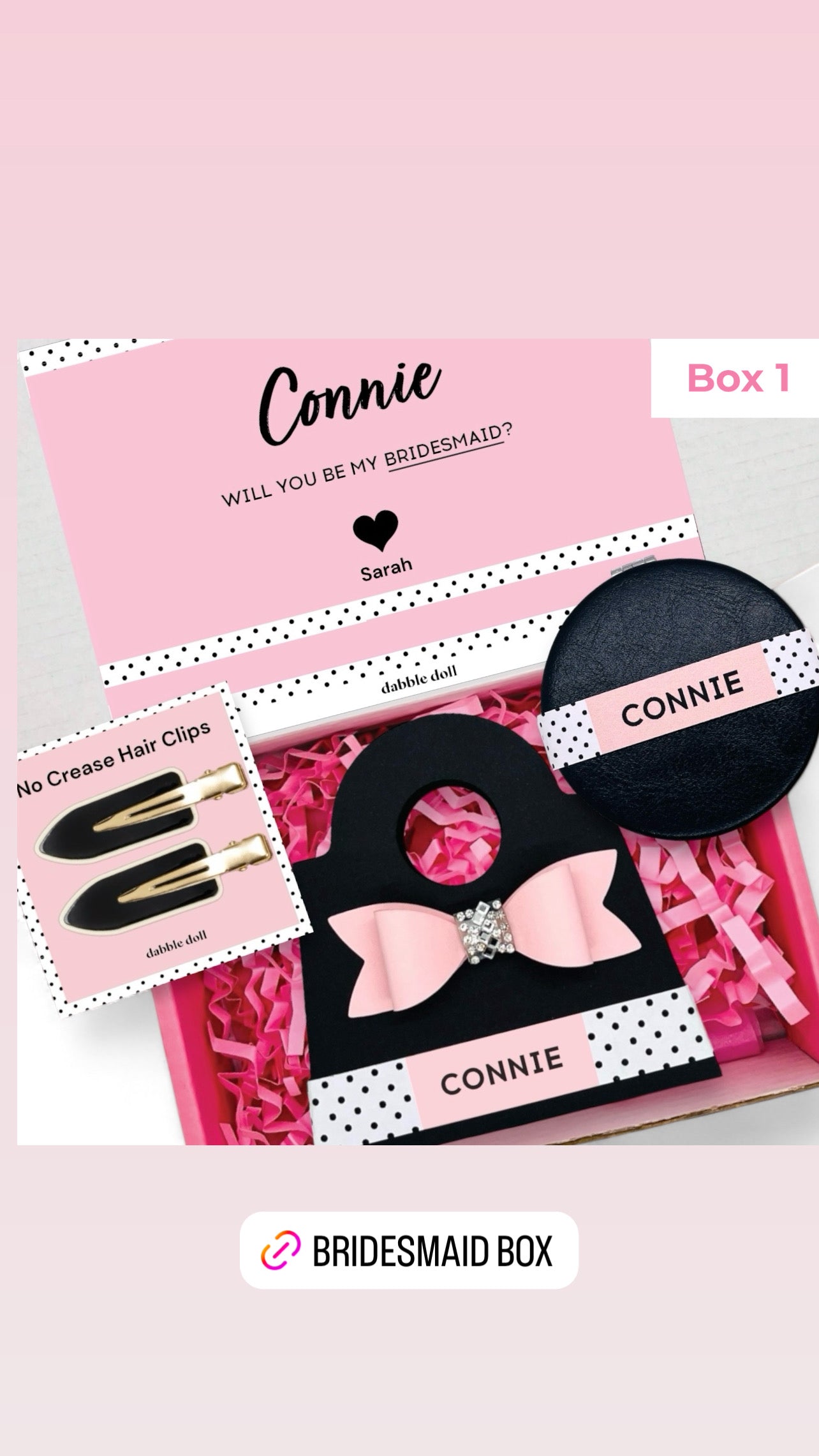 Dabble Doll Gift Box in pink and black for girls featuring no crease hair clips and a personalized note