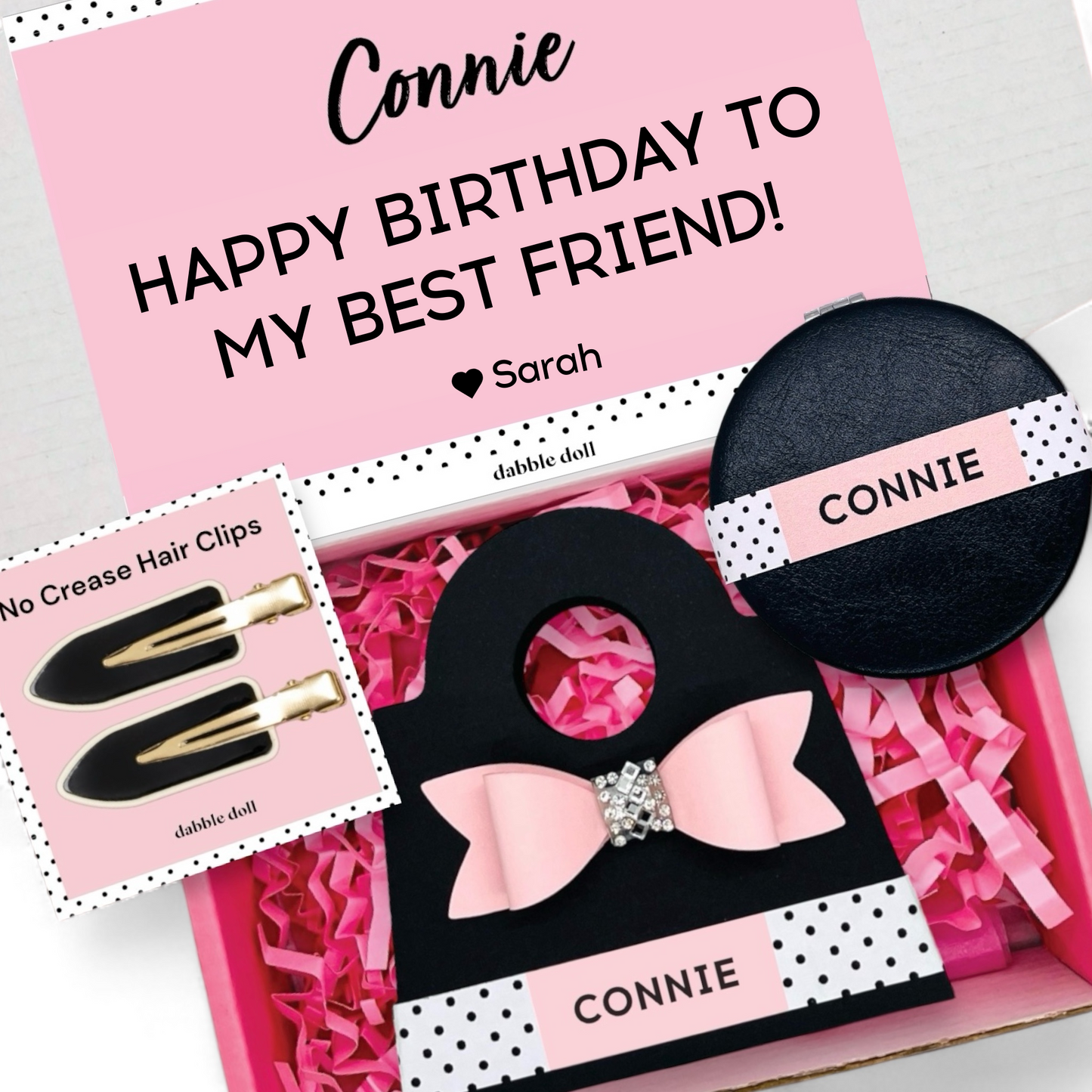 Personalized pink gift box for girls featuring no crease hair clips and a bow accessory