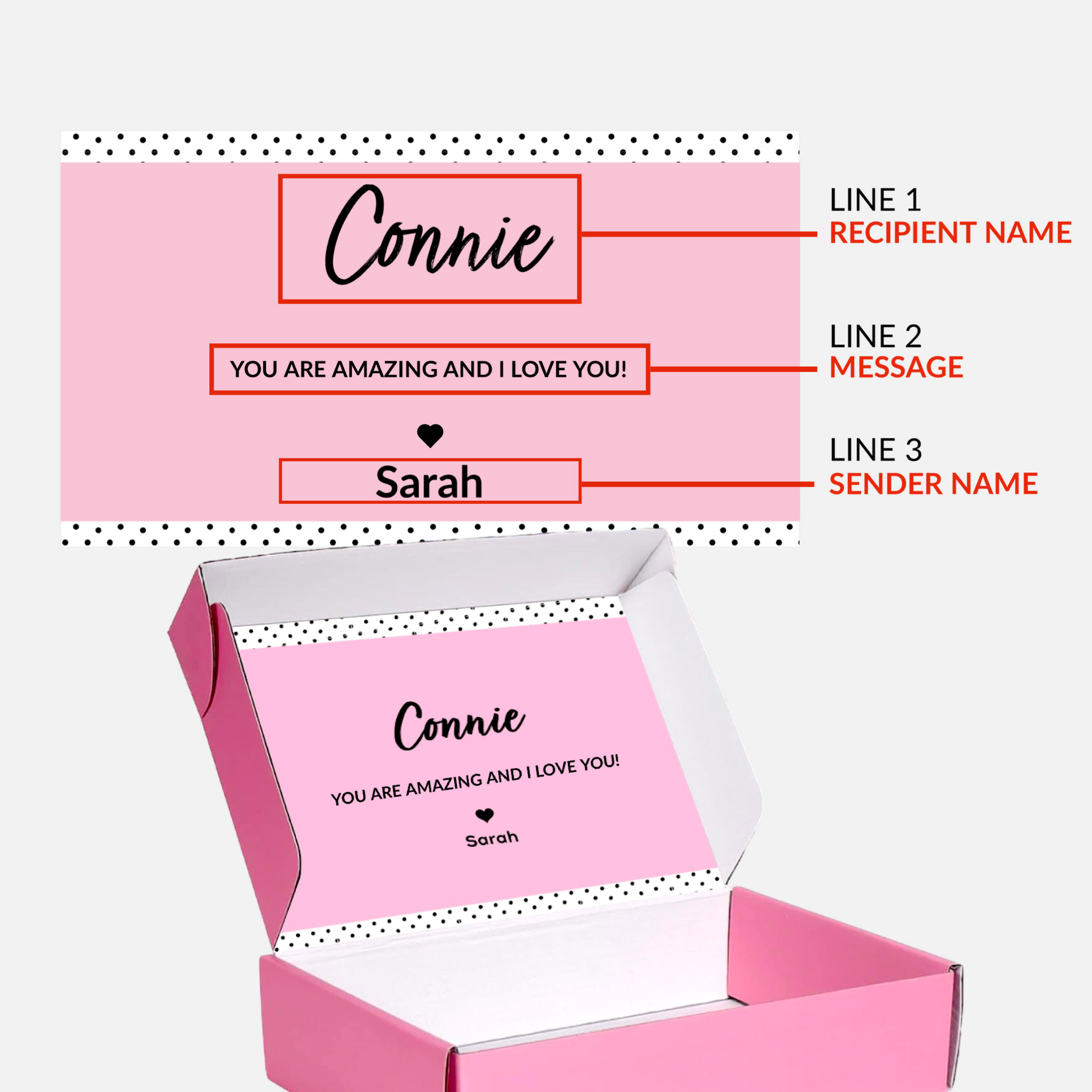 Personalized pink gift box for girls and women with custom name and heartfelt message inside