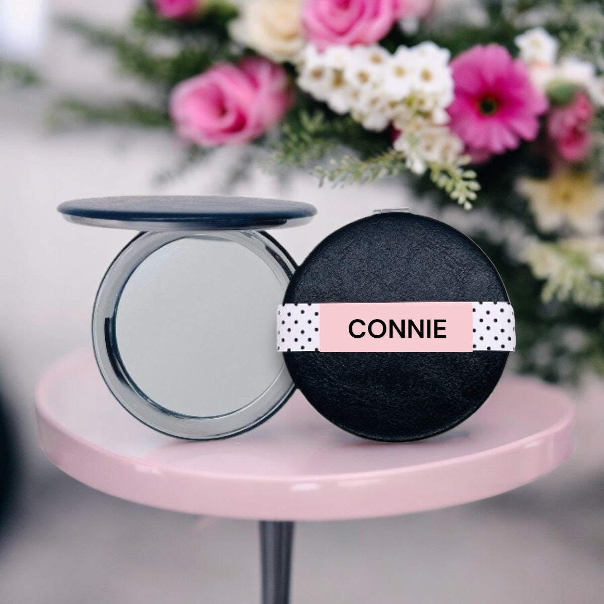 Personalized black compact mirror for women with floral background and pink gift box packaging
