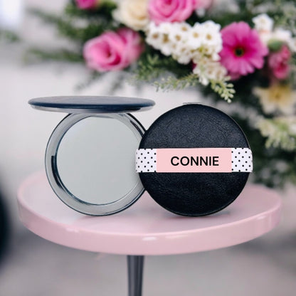 Personalized black compact mirror for women with floral background and pink gift box packaging