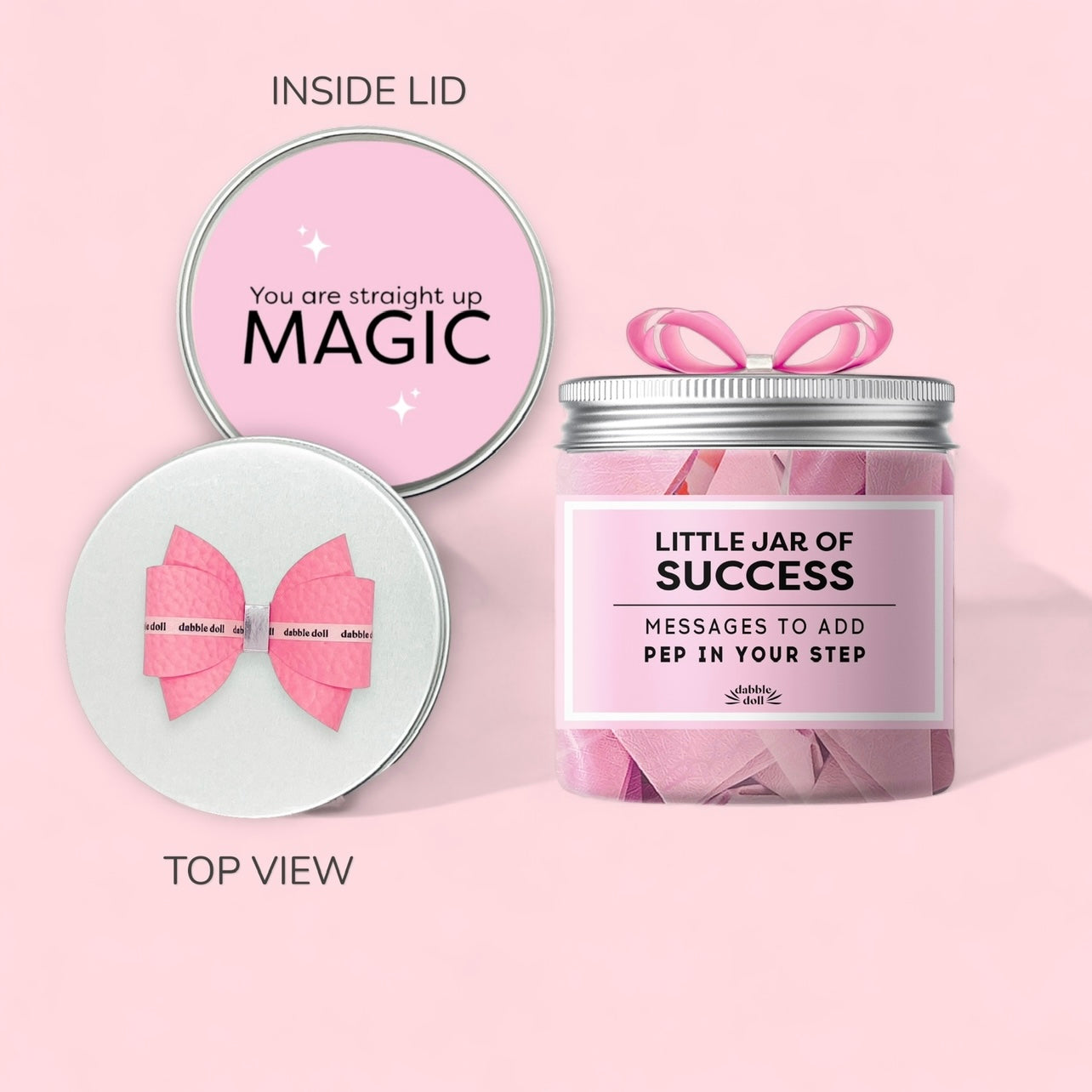 Pink Dabble Doll Little Jar of Success with motivational messages for girls and women, featuring a decorative bow