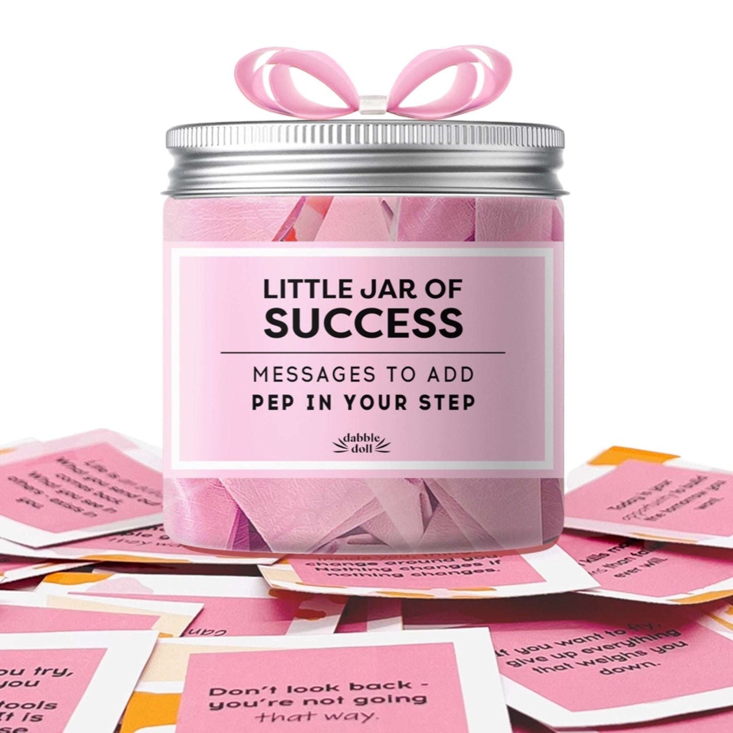 Dabble Doll Little Jar of Success in pink, filled with motivational messages for women to inspire confidence