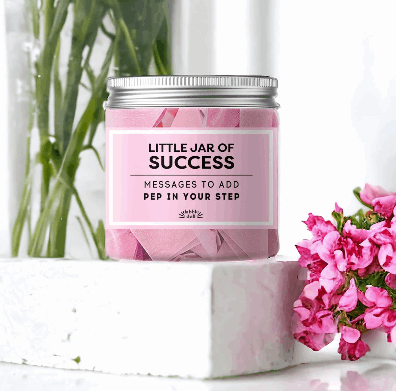 Pink Dabble Doll Little Jar of Success for girls and women with motivational messages to inspire and uplift