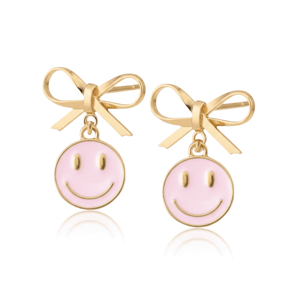 Dabble Doll Smiley Face Earrings with Pink Enamel and Bow Detail for a Playful Look
