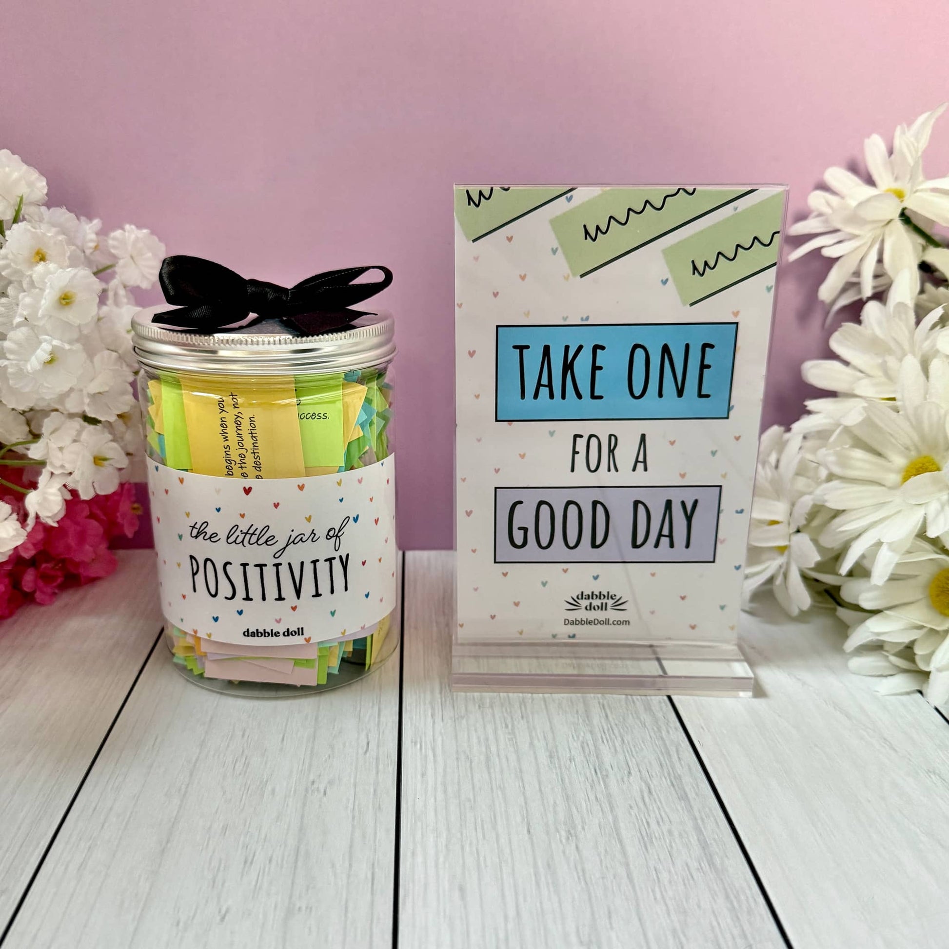 Dabble Doll display jar filled with colorful positivity notes, perfect for girls and women