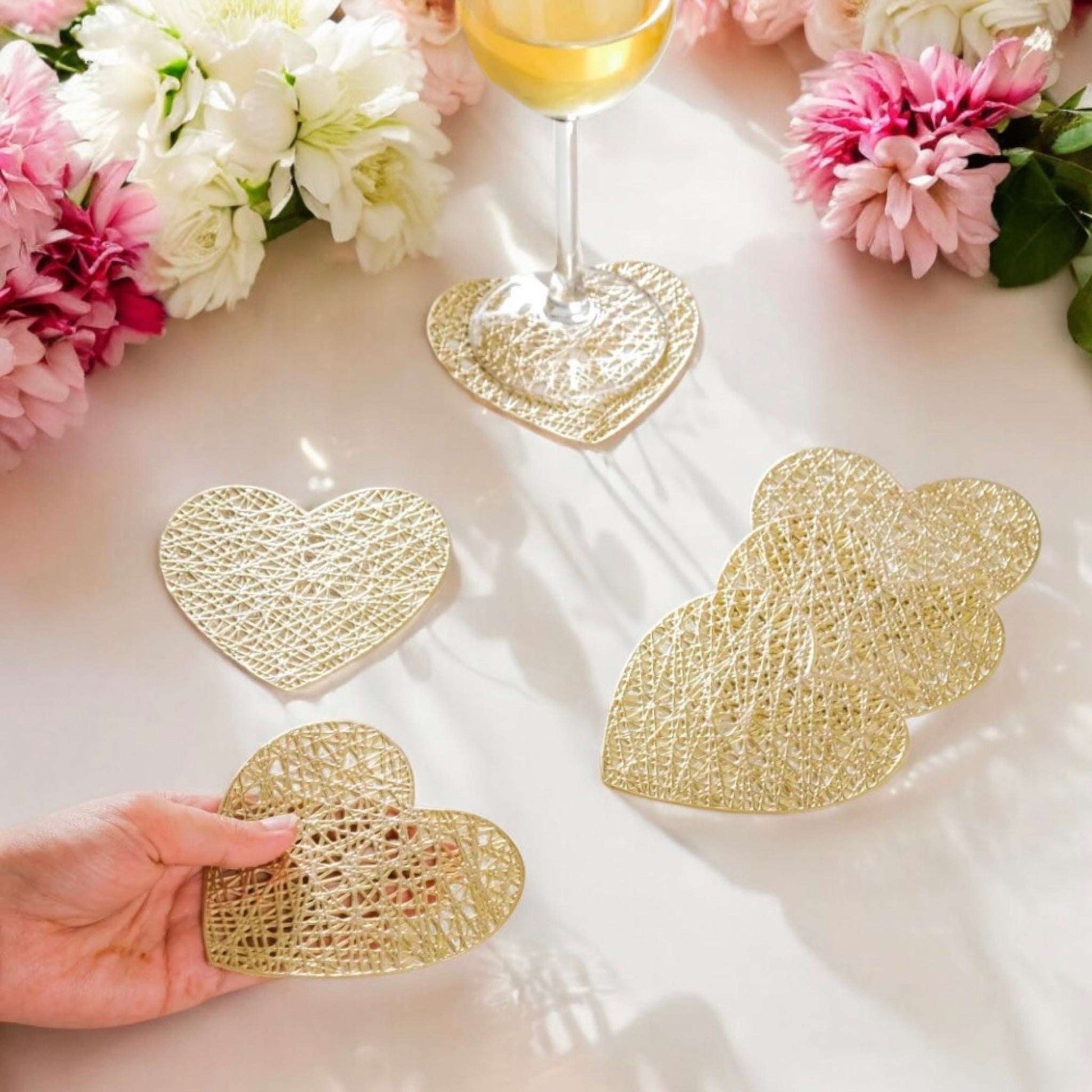 Dabble Doll Gold Heart Shaped Coaster Set for Women with Intricate Design and Floral Background