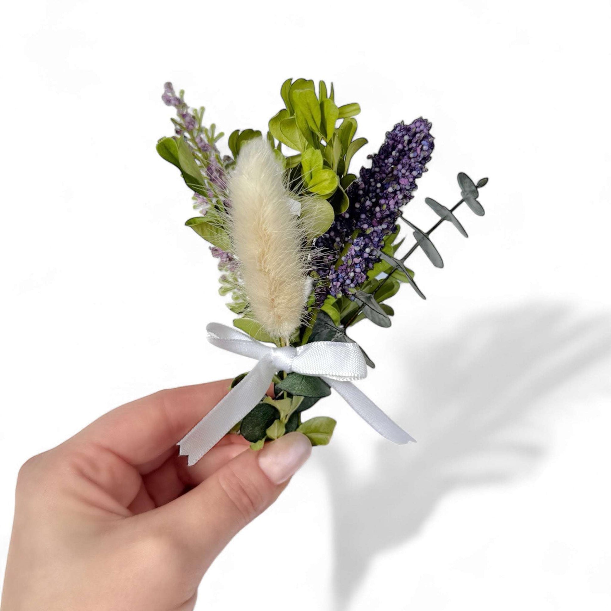 Dried flowers bouquet in purple and green with a white ribbon, perfect for girls and women