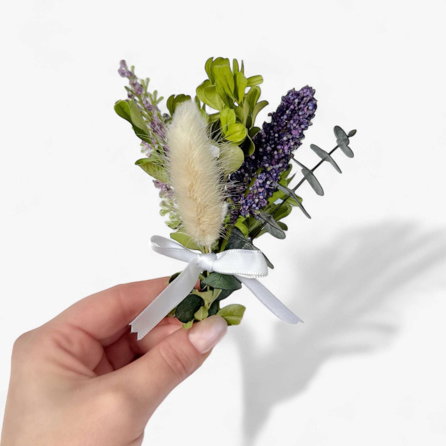Dried flowers bouquet in purple and green, perfect for girls and women, featuring a delicate white ribbon