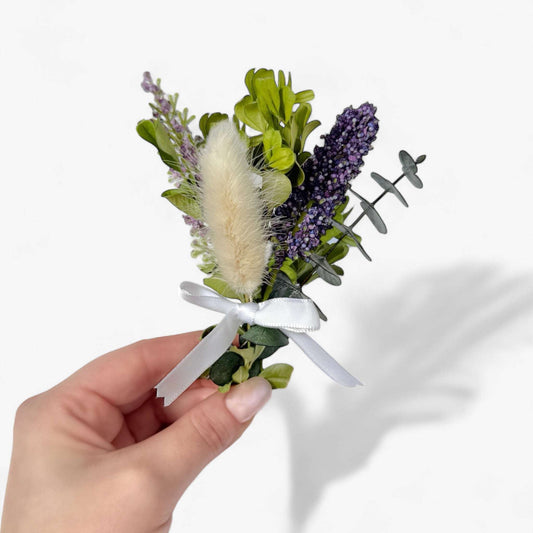 Dried flowers bouquet in purple and green, perfect for girls and women, featuring a delicate white ribbon