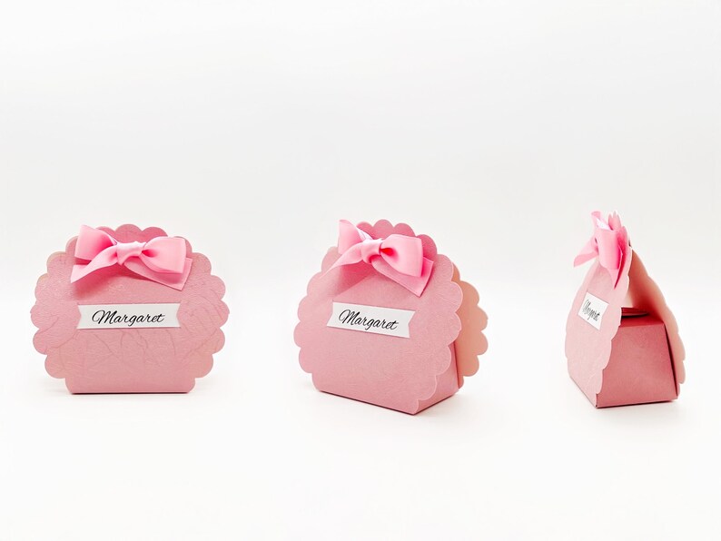 Pink Favor Box with Bow for Girls' Parties Featuring Personalized Labels and Scalloped Design