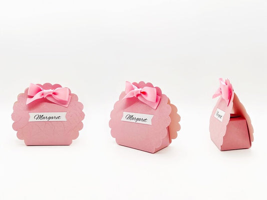 Pink Favor Box with Bow for Girls' Parties Featuring Personalized Labels and Scalloped Design