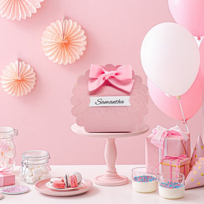 Pink scalloped gift bag with a bow for girls and women, perfect as a favor box for parties