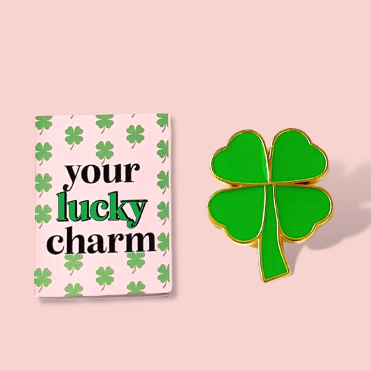 Dabble Doll Four Leaf Clover Pin in Green for girls and women with lucky charm packaging