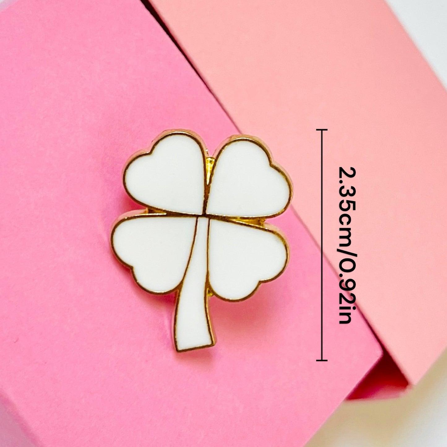 White Four leaf clover enamel pin for girls and women with gold detailing, perfect for stylish accessorizing