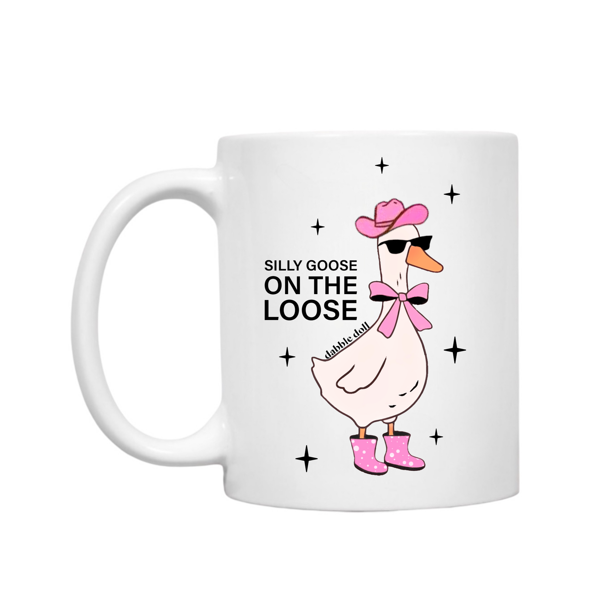 Funny coffee mug featuring a cartoon goose in pink boots and sunglasses with the phrase Silly Goose On The Loose