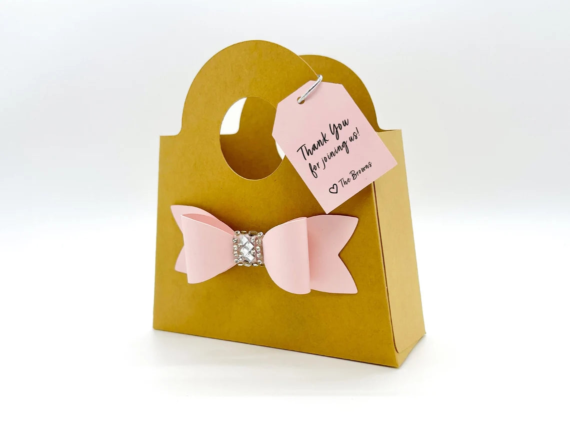 Gold Gift Bag with Pink Bow and Rhinestones, perfect for girls and women for special occasions